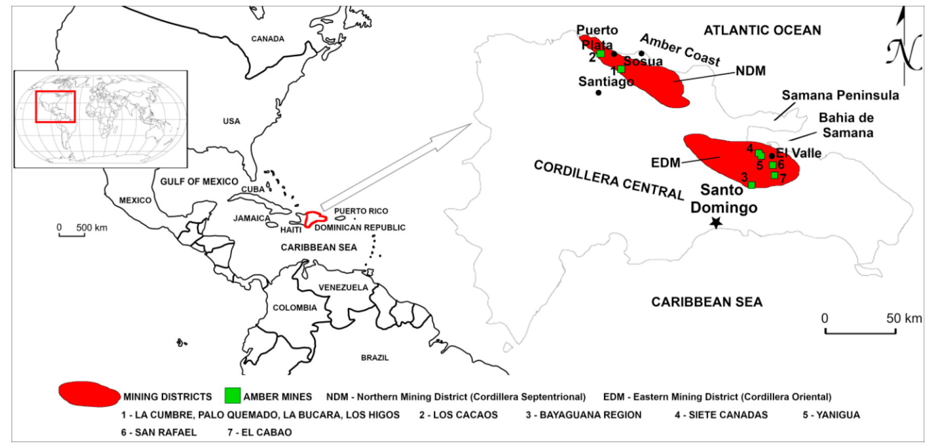 map of Dominican amber mines