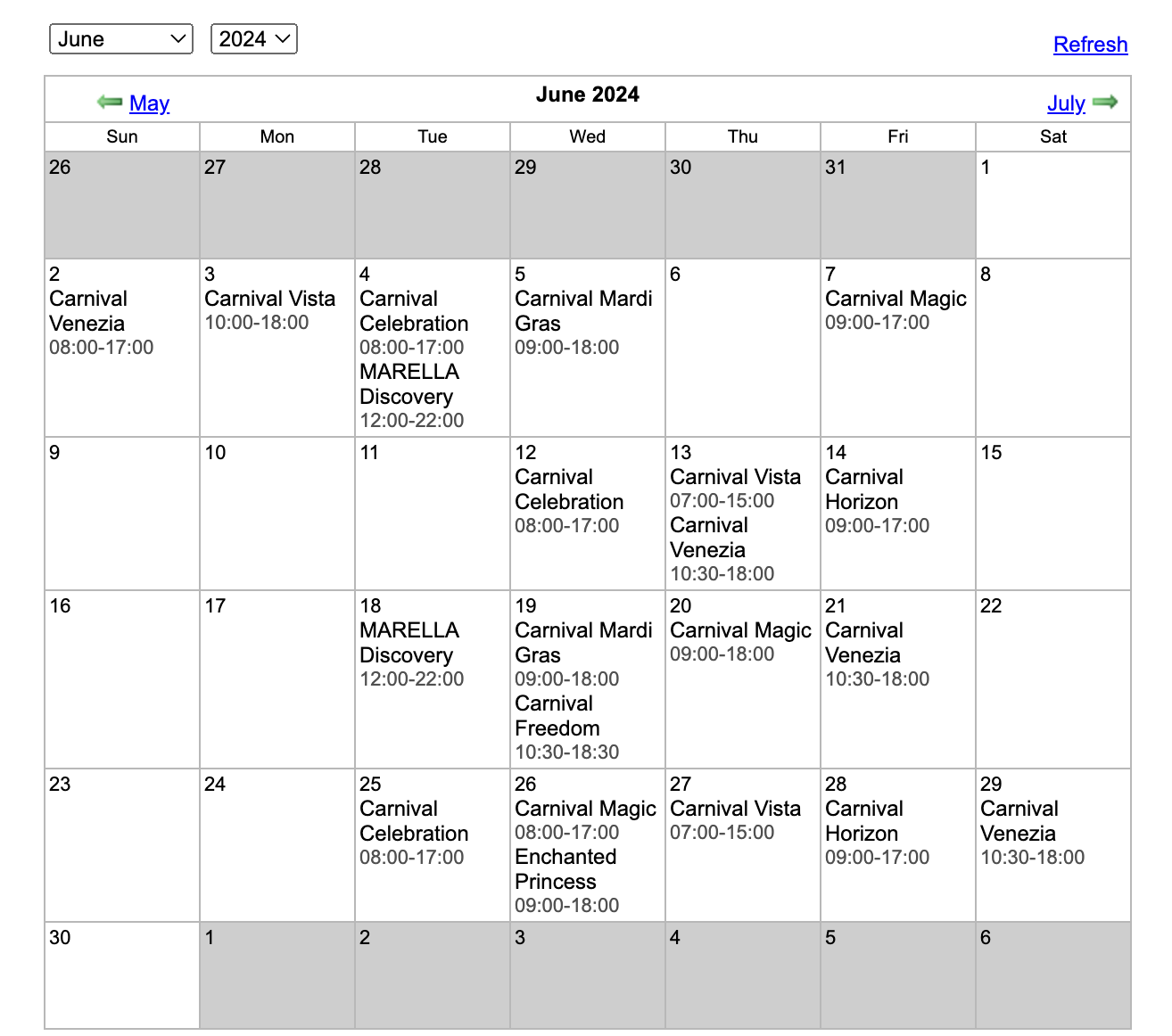 Amber Cove June 2024 schedule