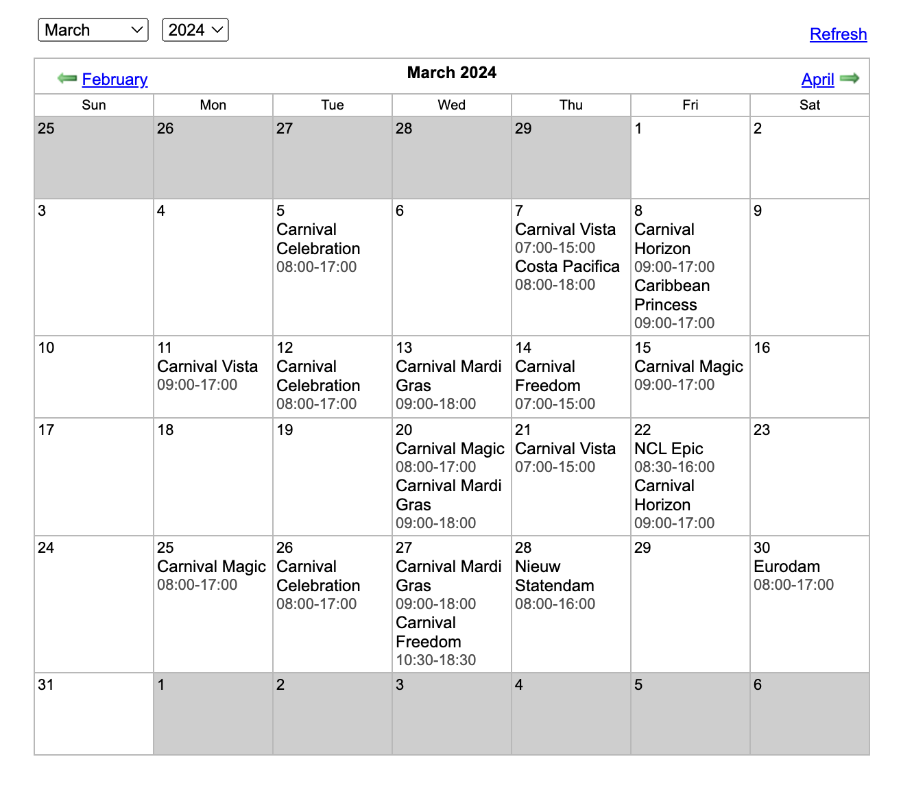 Amber Cove March 2024 schedule
