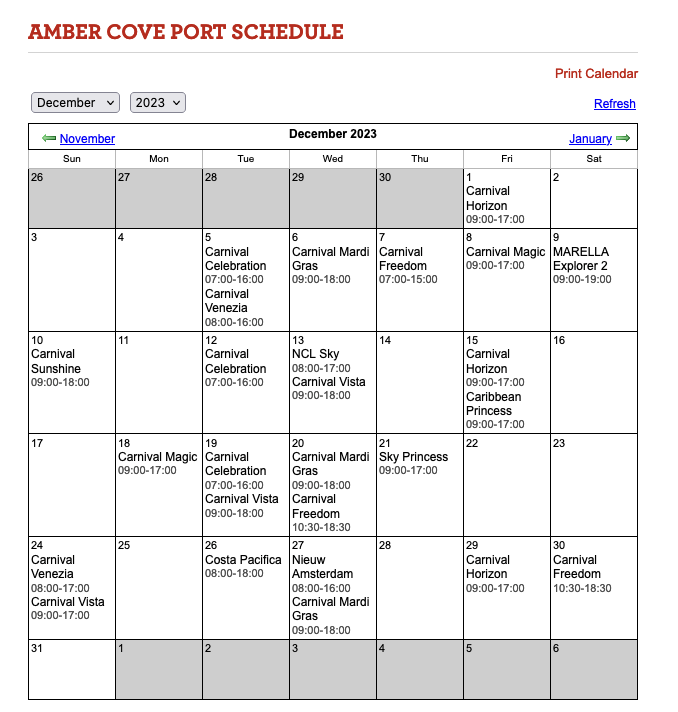 Amber Cove port December Schedule