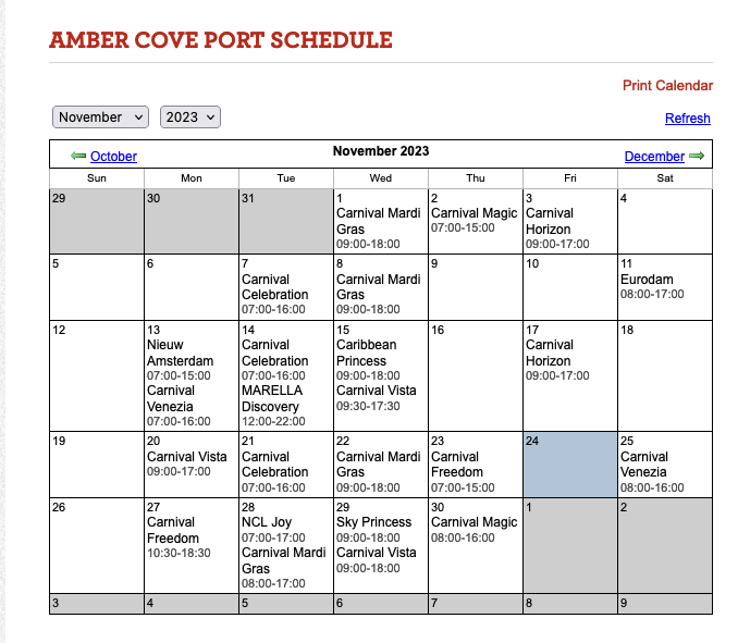 Amber Cove port November Schedule