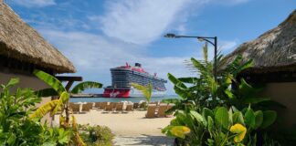 Taino Bay Beach Lounge View of the Virgin Scarlet Lady cruise ship from Taino Bay beach lounge.