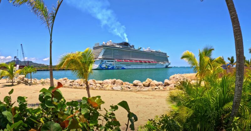 View of a cruise ship from the Taino Bay beach