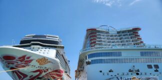 Amber Cove Pier Two docked cruise ships at the Amber Cove Pier.
