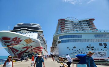 Amber Cove Pier Two docked cruise ships at the Amber Cove Pier.